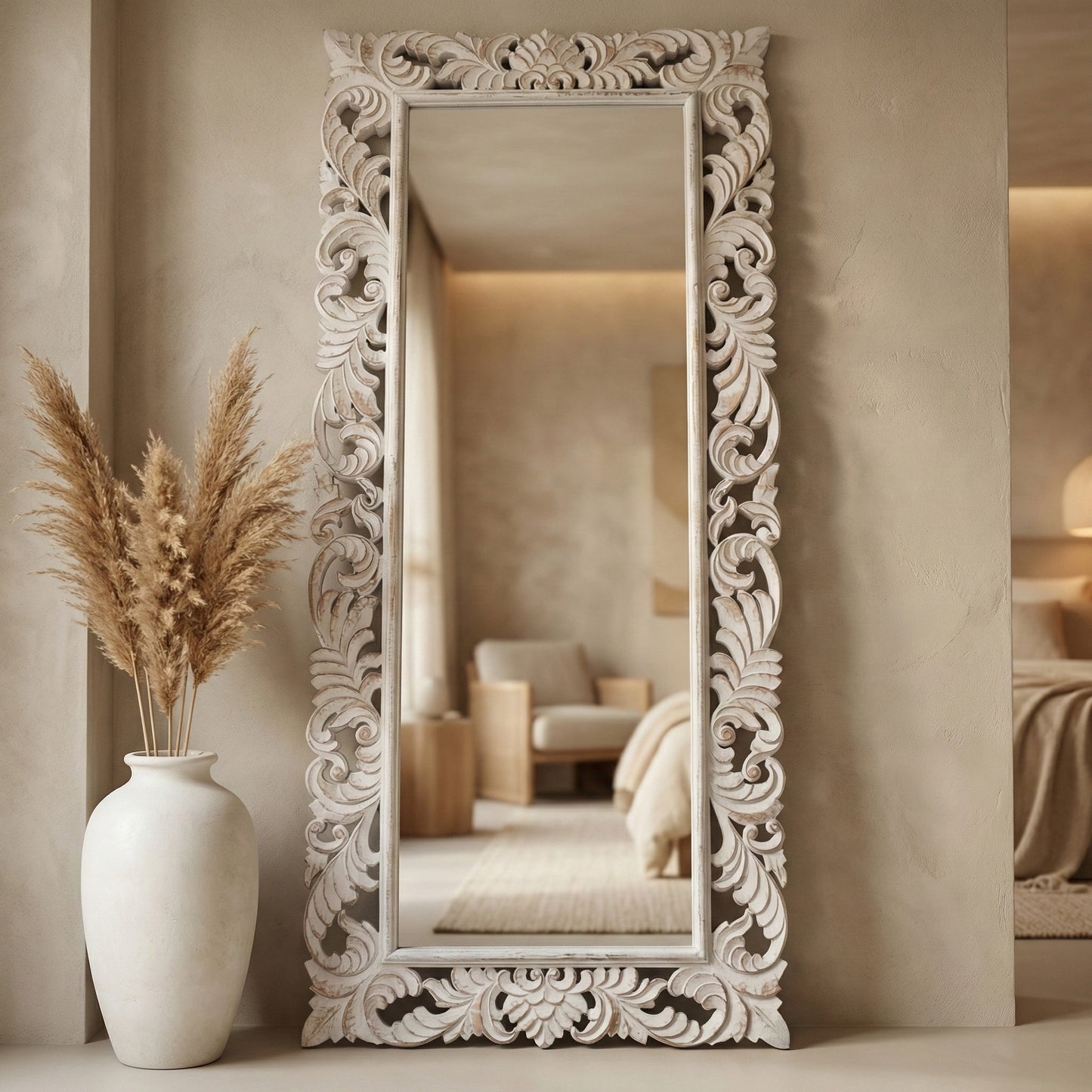 Hand Carved Mirror "Pelangi" in White Wash - 180 cm