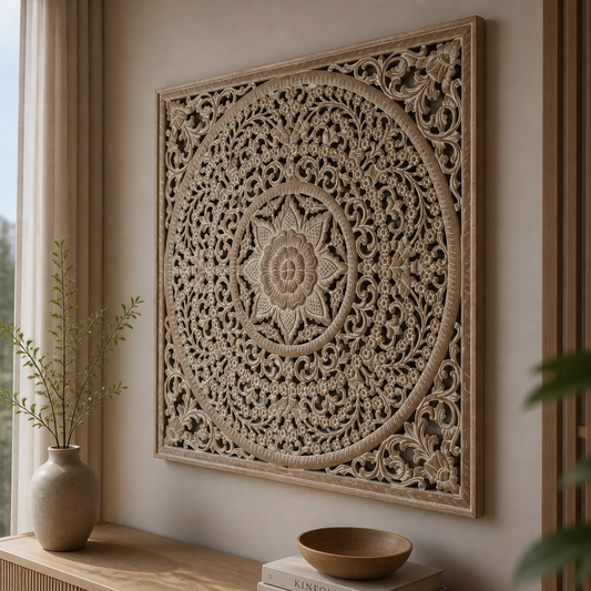 Carved Decorative Panel "Peony" - Antic Wash - 110 x 110 cm