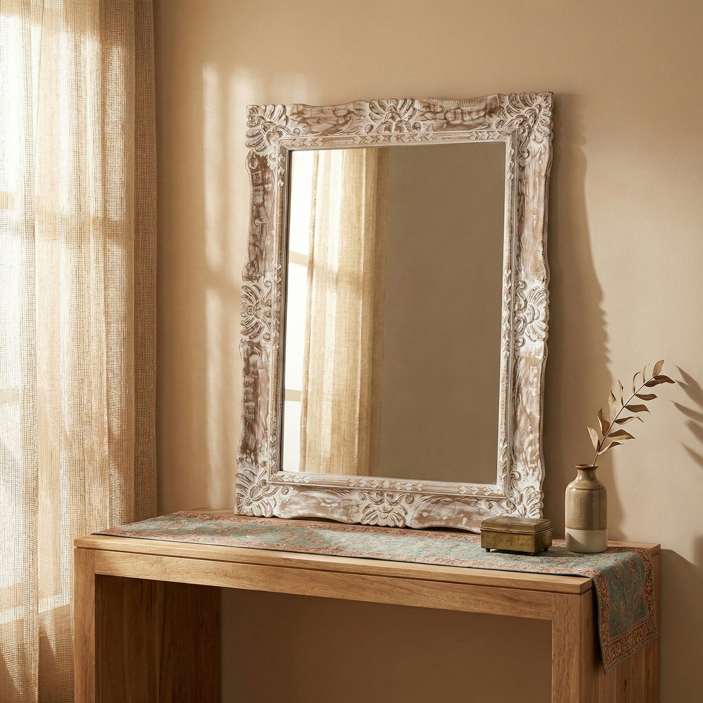 Hand Carved Mirror "Pertiwi" - Natural Wash - 90  cm