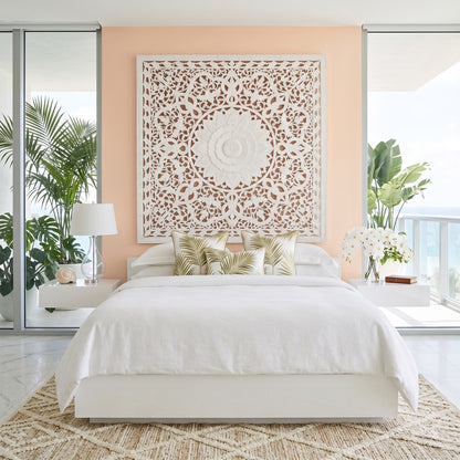 Carved Full Bed Headboard "Raflessia" - White - USA
