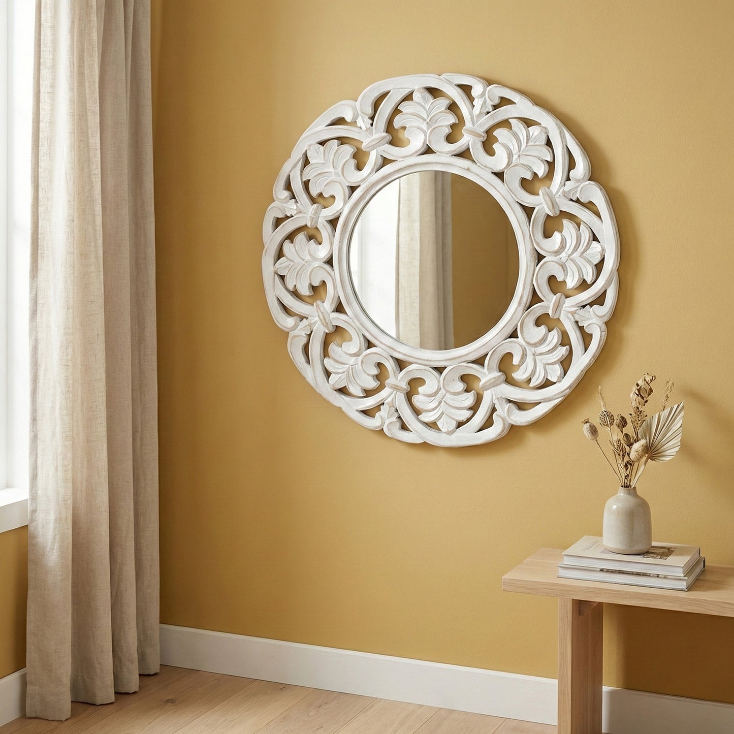 Hand Carved Mirror "Rasa" - White - 60 cm