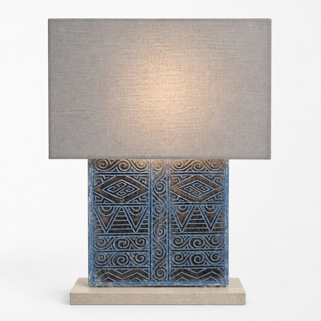 Carved Table Lamp “Rêve” – Blue Wash