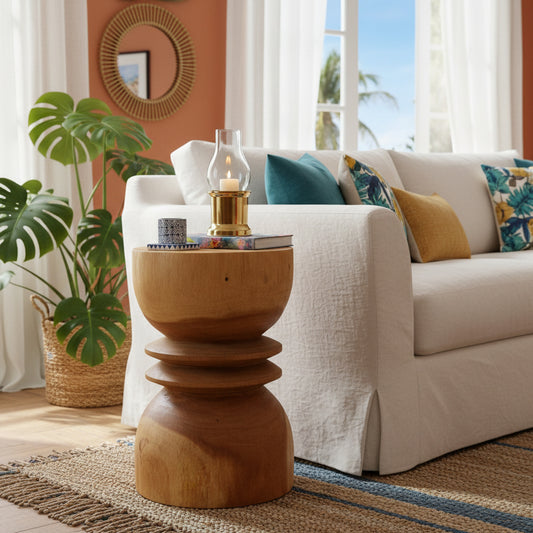 Sculptural Wooden Side Table / Stool 'Rumahita' in Natural - 35 x 50 cm