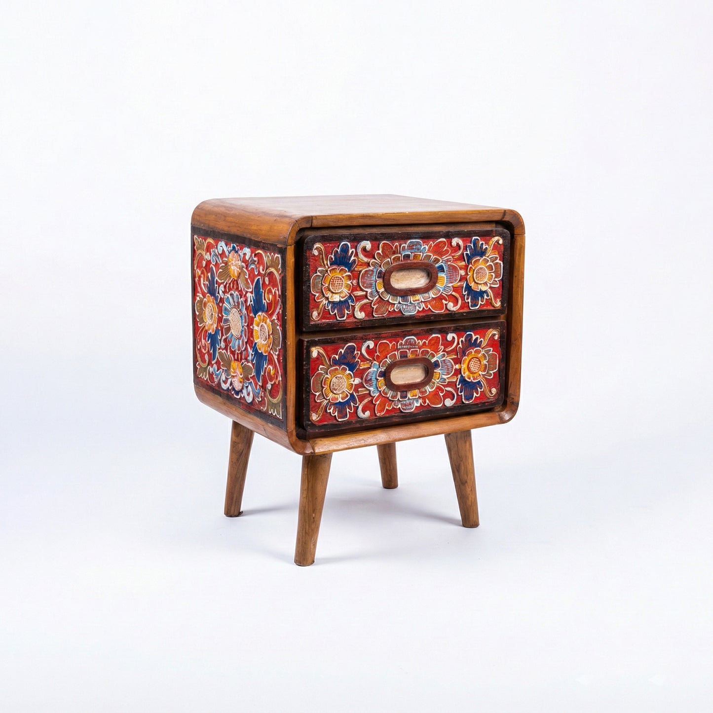 Wooden Carved Bedside Table 'Santi' - Natural and Multicolor Red - 50cm