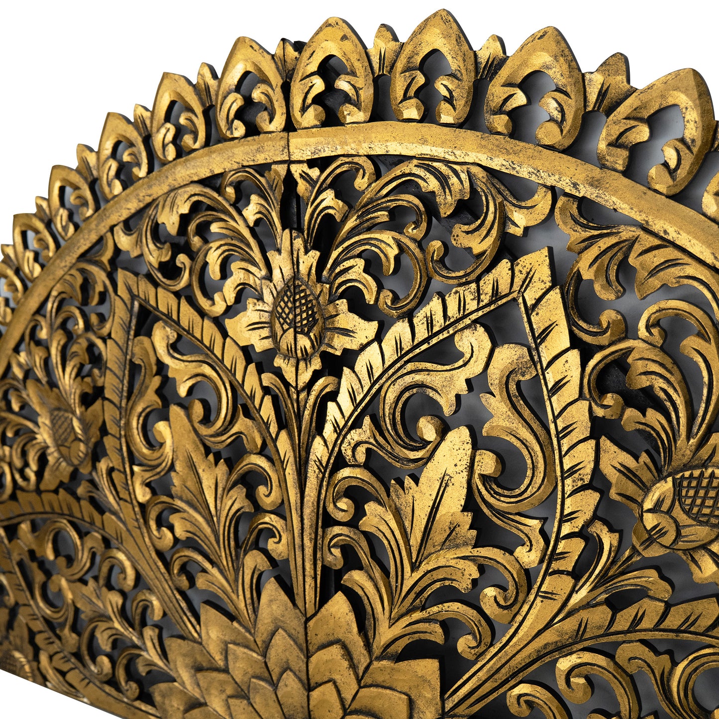 Hand Carved Half-moon Mandala Bed Headboard - 'Serupa' in Gold Antique