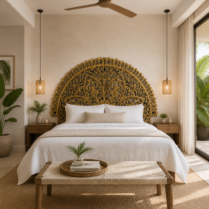 Hand-Carved Half-Moon Mandala Bed Headboard “Serupa” – Gold Antique