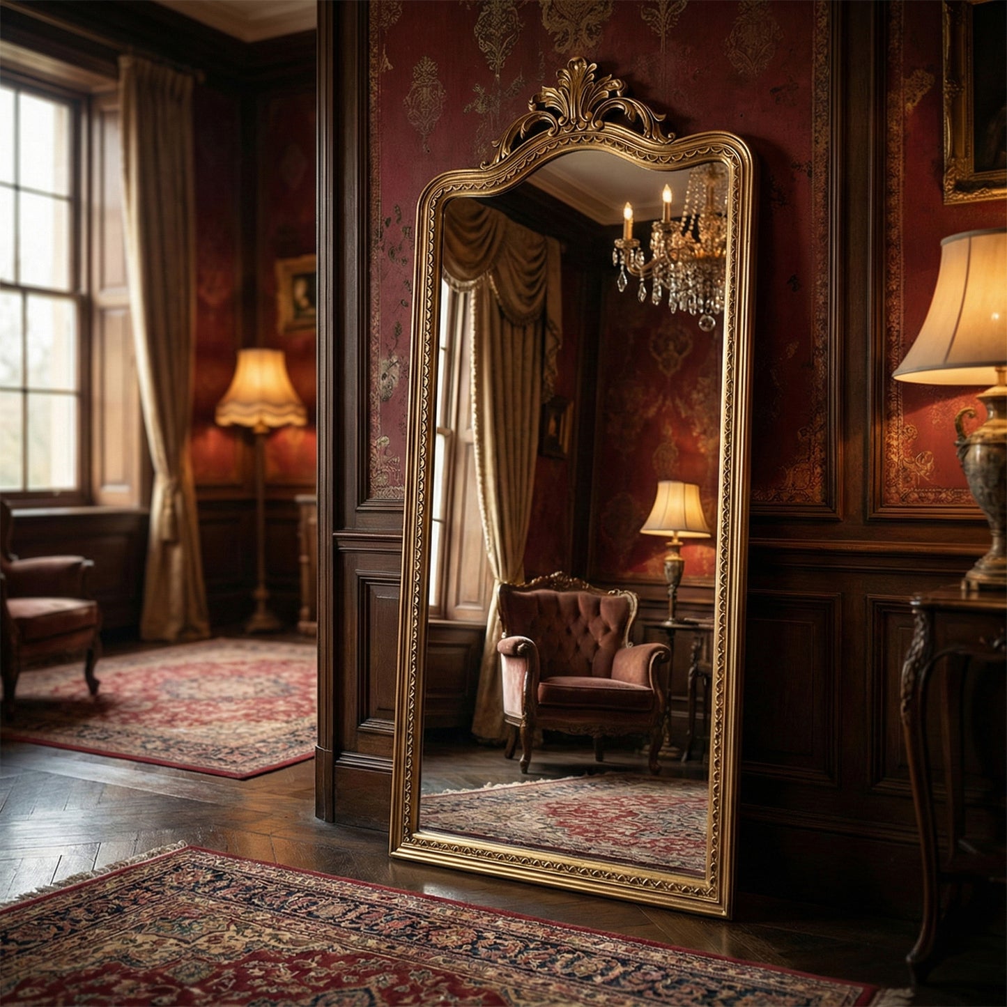 Hand Carved Mirror "Suksema" in Brass Antique Gold - 200 cm