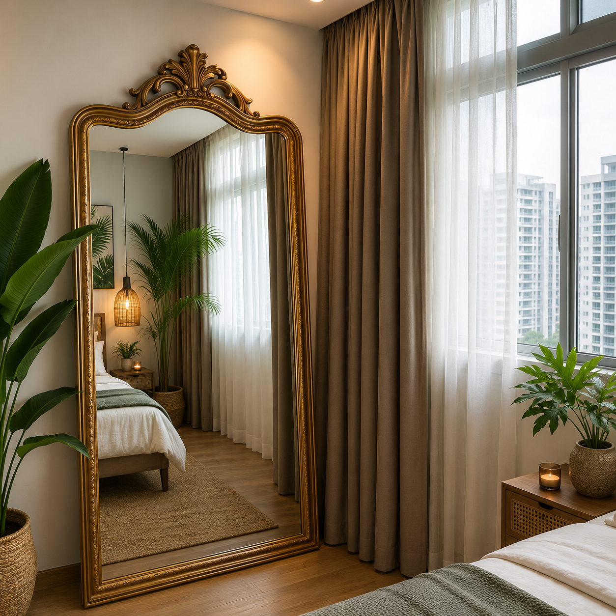 An ornate gold-framed floor mirror stands in a styled bedroom corner next to a window with sheer white curtains and brown drapes. The mirror reflects part of a bed and room interior, while the foreground shows a bed edge, potted plants, and warm ambient lighting.