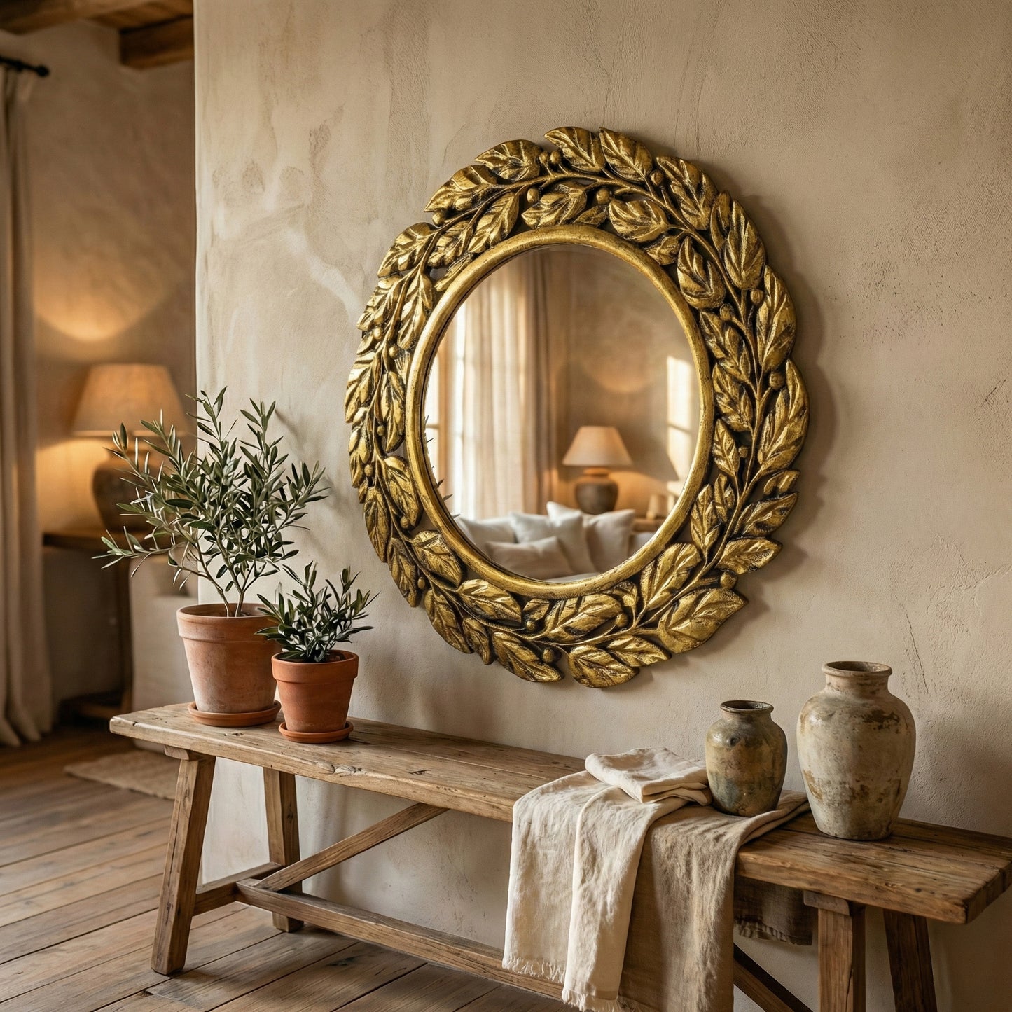 Hand Carved Mirror "Surya" in Gold Wash - 70 cm