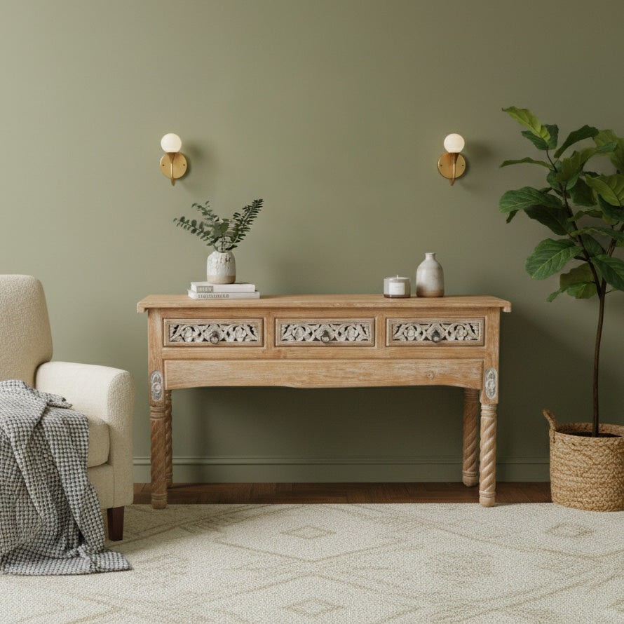 Wooden Carved Console Table "Candra" - Grey & White Wash - 150 cm