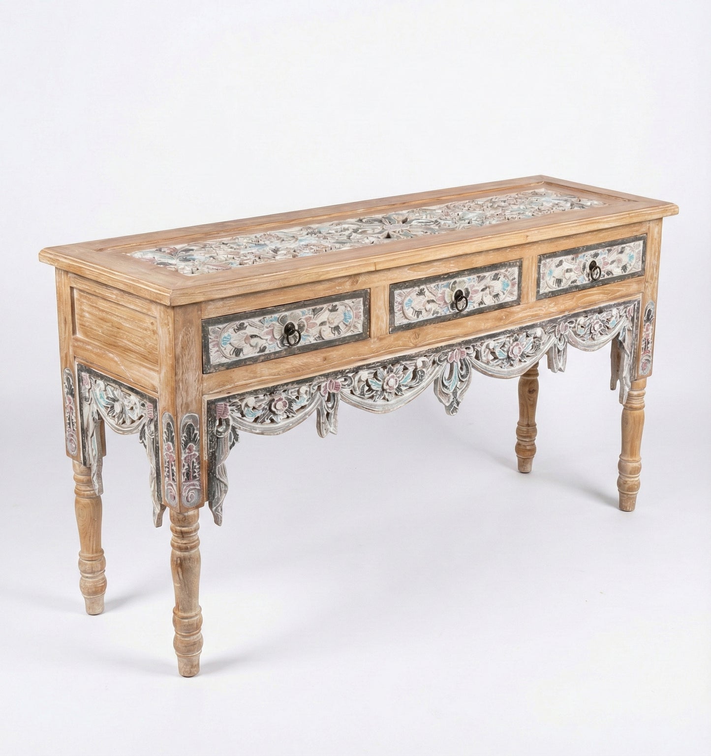 Wooden Carved Console Table "Srikandi" - Blue & White Wash - 150 cm