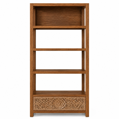 Teak Wood Hand-Carved Bookshelf 'Ila' – 165 x 91 x 30 - Natural & Antic Wash