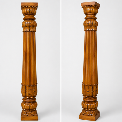 Two matching ornate wooden decorative columns shown side by side against a light gray studio background. The columns have a warm medium-brown finish and are shown from slightly different angles to highlight their carved details.