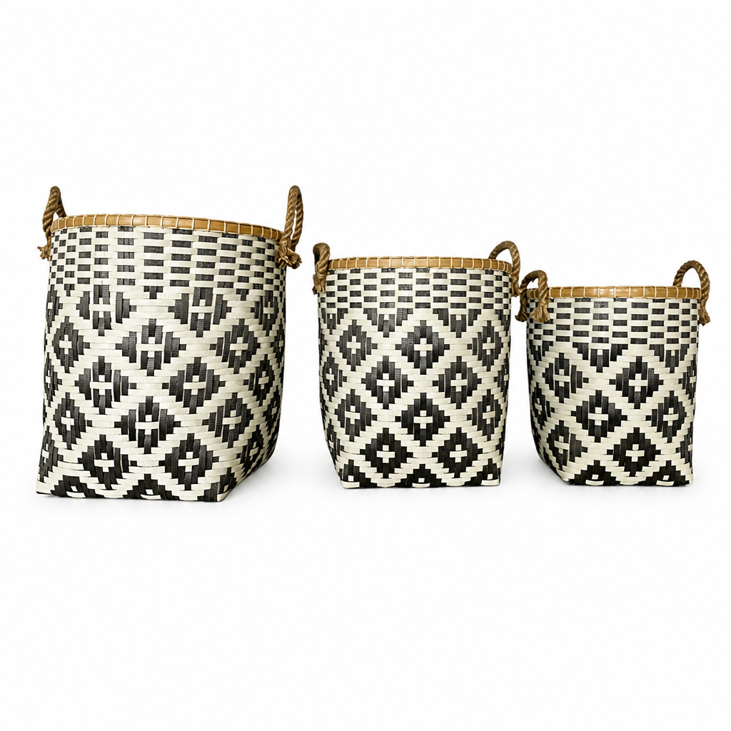 Set of 3 Baskets 'Tambang' - Black & Cream