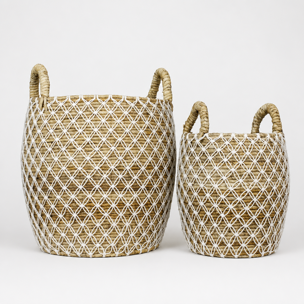 Set of 2 Baskets 'Gentong'- White & Natural