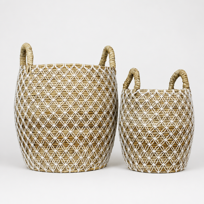 Set of 2 Baskets 'Gentong'- White & Natural