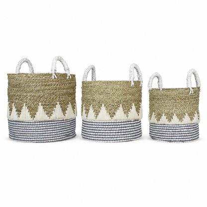 Set of 3 Baskets 'Bendera' — White, Blue and Natural