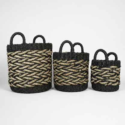 Set of 3 Baskets 'Papua' - Black & Natural