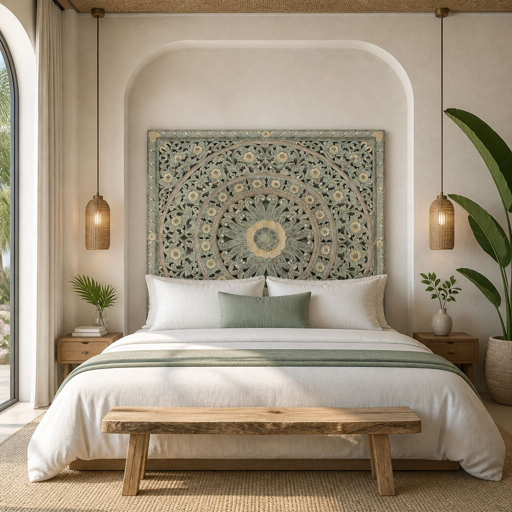 Carved Full Bed Headboard "Dianna" - Pastel Green