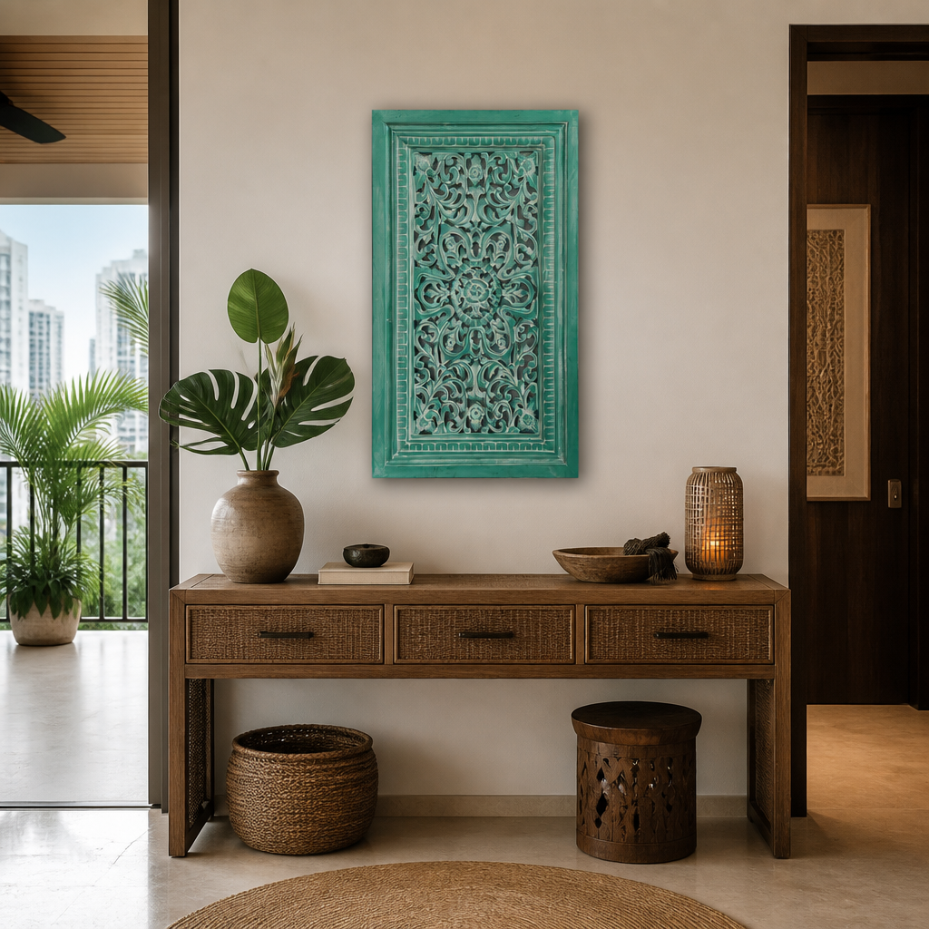 Carved Decorative Panel "Freesia" - Green Wash - 90 x 50 cm