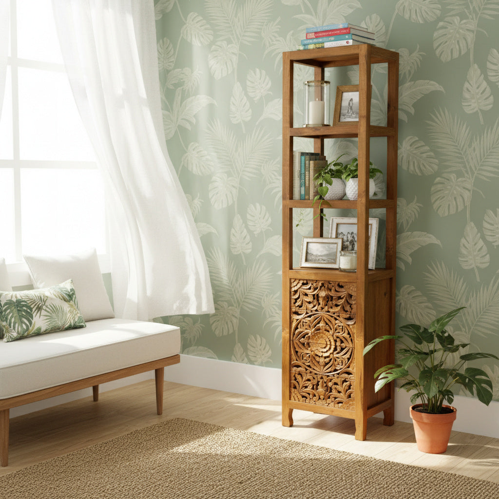 Teak Wood Hand-Carved Tall Display Shelf Cabinet with Drawers 'Mahesa' – 180 cm – Natural