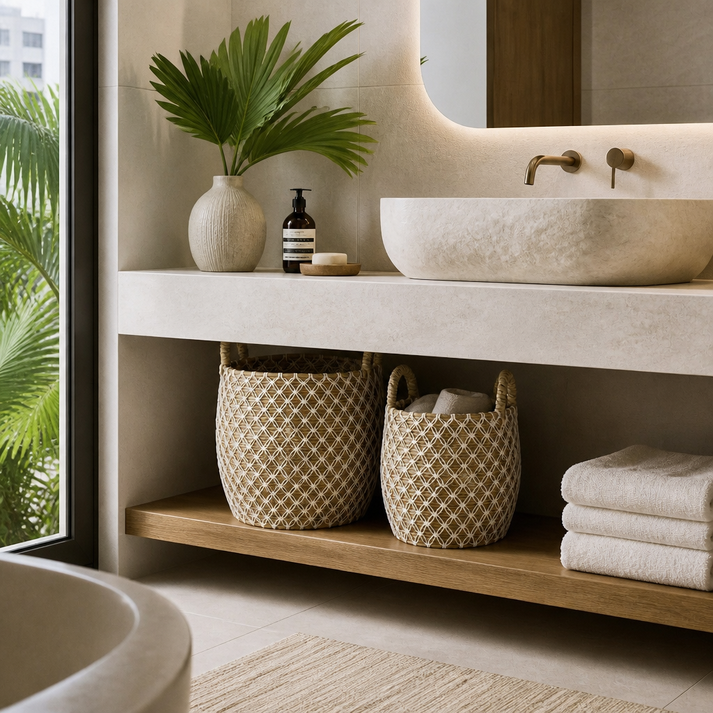 Set of 2 Baskets 'Gentong'- White & Natural