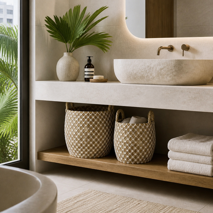 Set of 2 Baskets 'Gentong'- White & Natural