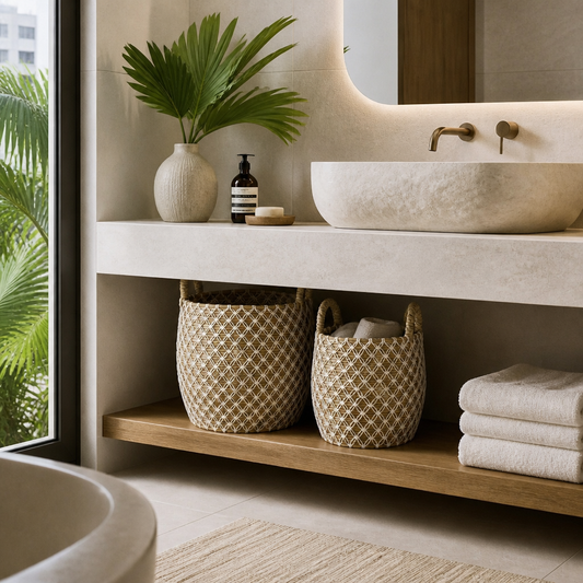 Set of 2 Baskets 'Gentong'- White & Natural