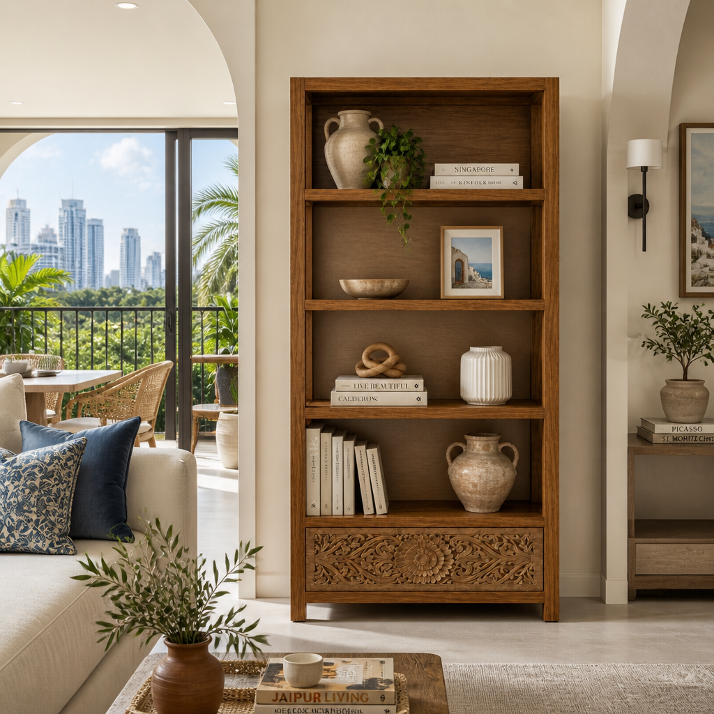 Teak Wood Hand-Carved Bookshelf 'Ila' – 165 x 91 x 30 - Natural & Antic Wash