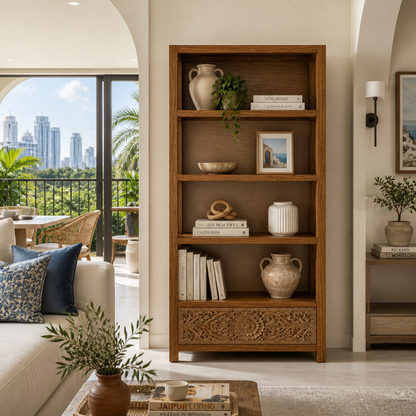 Teak Wood Hand-Carved Bookshelf 'Ila' – 165 x 91 x 30 - Natural & Antic Wash