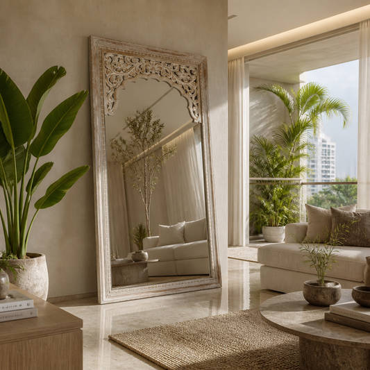 Hand Carved Mirror "Cahaya" in Antique Wash - 150 x 80 cm