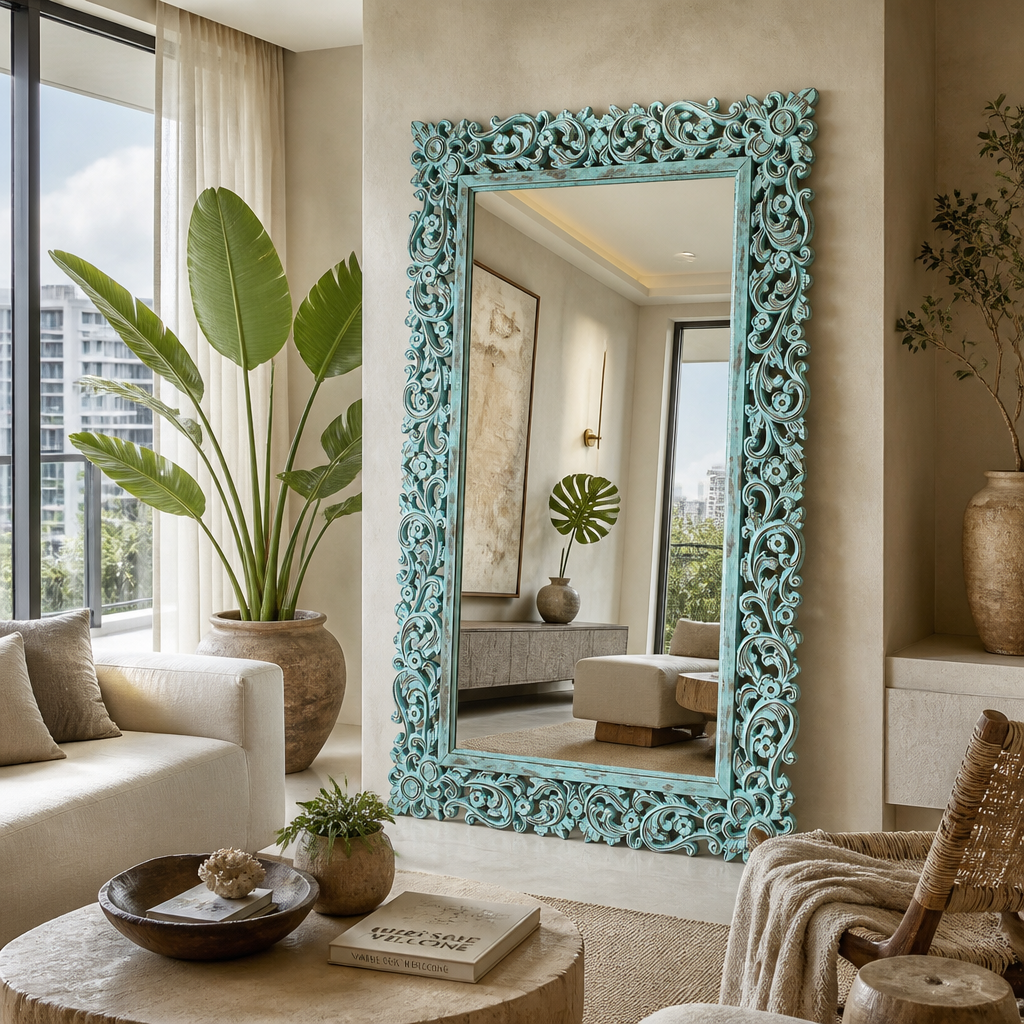 Hand Carved Mirror "Agung" - Turquoise Wash - 150 x 80 cm