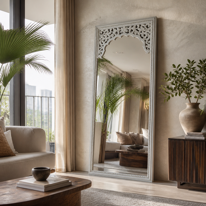 Hand Carved Mirror "Cahaya" - White - 180 x 80 cm