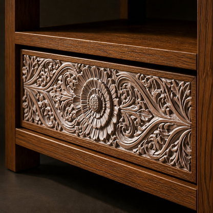 Teak Wood Hand-Carved Bookshelf 'Ila' – 165 x 91 x 30 - Natural & Antic Wash