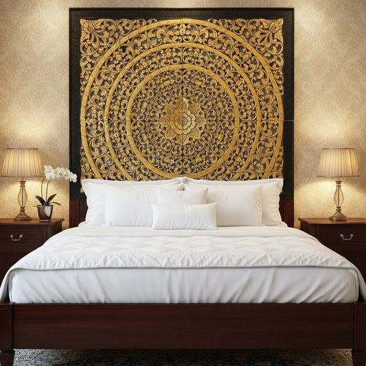 Carved Full Bed Headboard "Rampai" - Gold