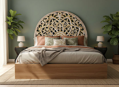 Hand Carved Half-moon Bed headboard 'Bunga' - in Antique Gold