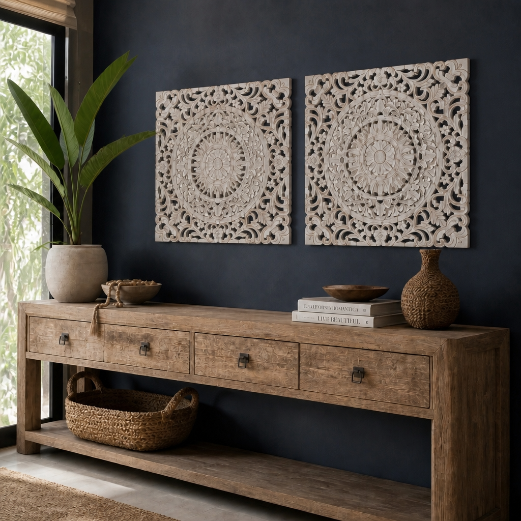 Carved Decorative Panel "Ranting" - White Wash - 60 x 60 cm