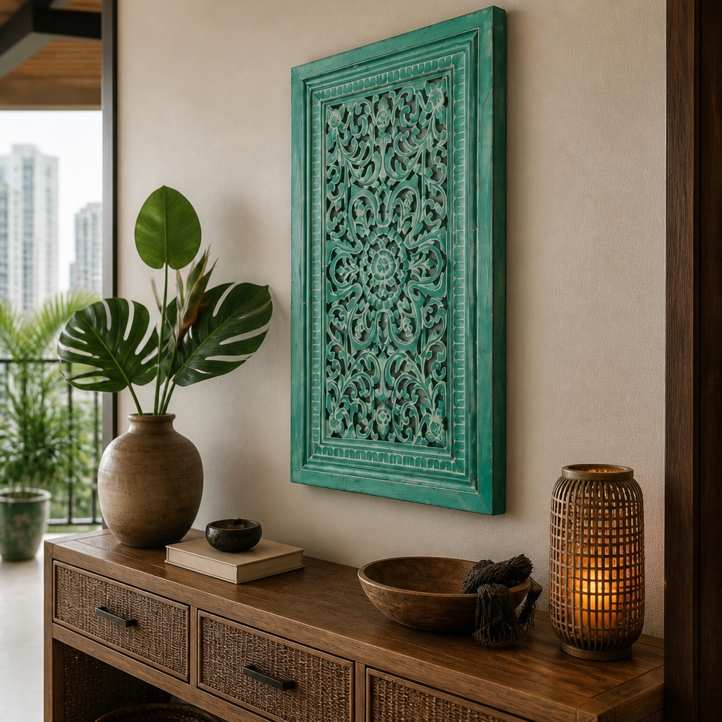 Carved Decorative Panel "Freesia" - Green Wash - 90 x 50 cm