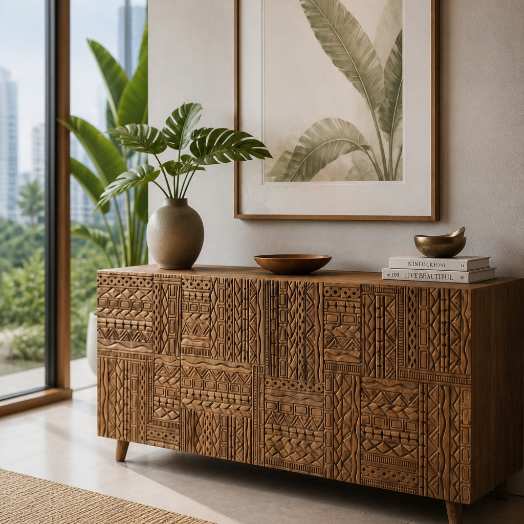 Wooden Carved Sideboard Console Cabinet "Nusantara" - Natural - 180 cm