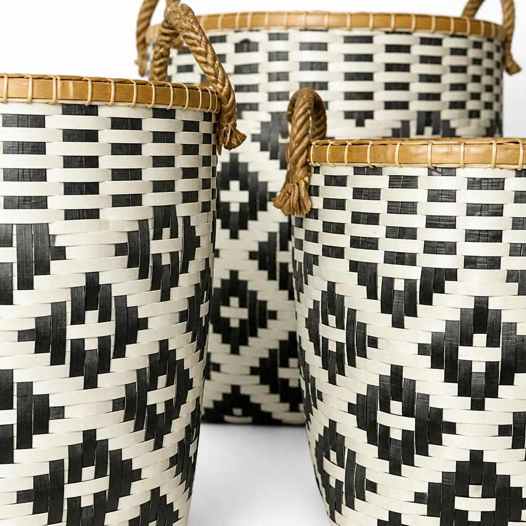 Set of 3 Baskets 'Tambang' - Black & Cream