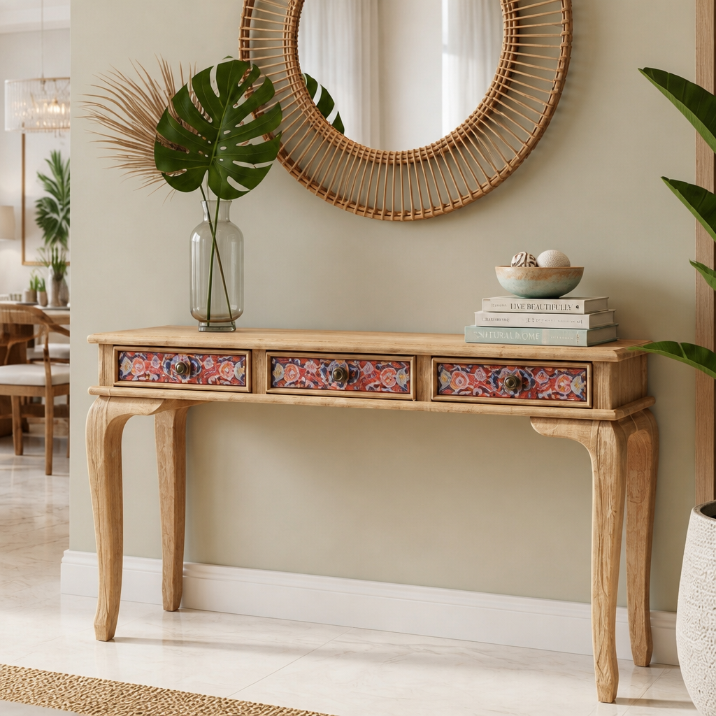 Wooden Carved Console Table "Lombok" - Red & Blue Wash - 120 cm