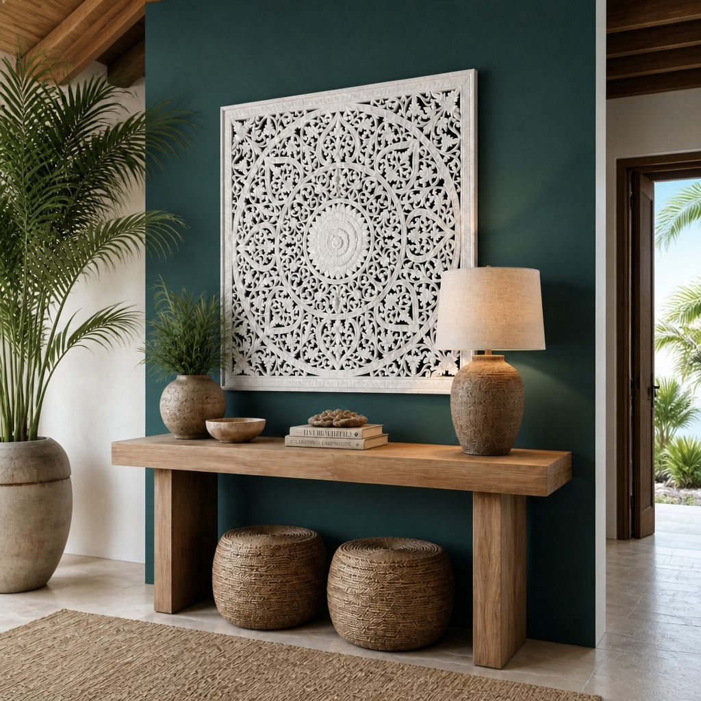 Carved Decorative Panel "Umadewi" in White - 120 x 120 cm