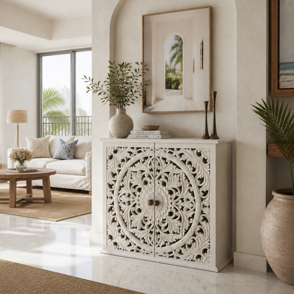 Hand-Carved Wooden Sideboard “Calyta” – White Wash Finish – 125 cm