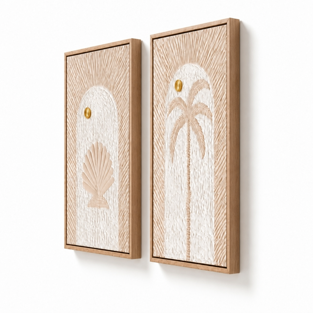 Bas-Relief Wall Art “Mer” – Set of 2 in Pastel Peach - 40 x 60 cm