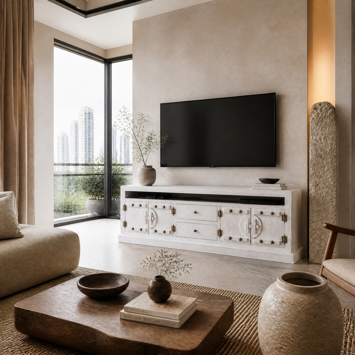 Wooden Media Console "Inggrid" - White Wash - 180 cm