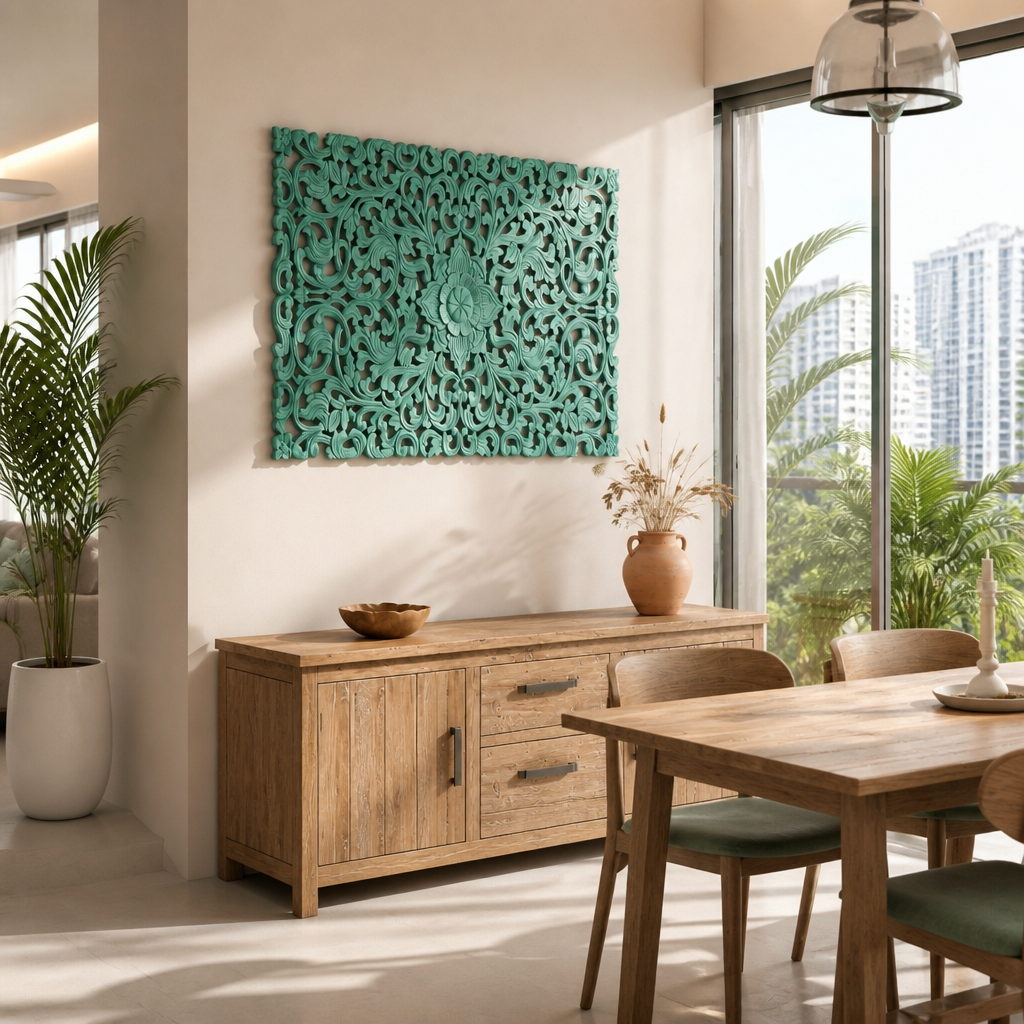 Carved Decorative Panel "Restu" - White & Green - 100 x 60 cm