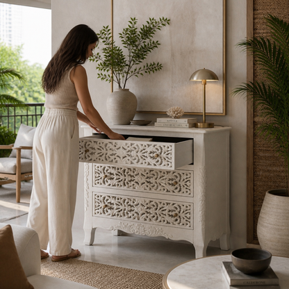 Wooden Carved Console Cabinet With Storage "Karma" - 120 x 90 cm