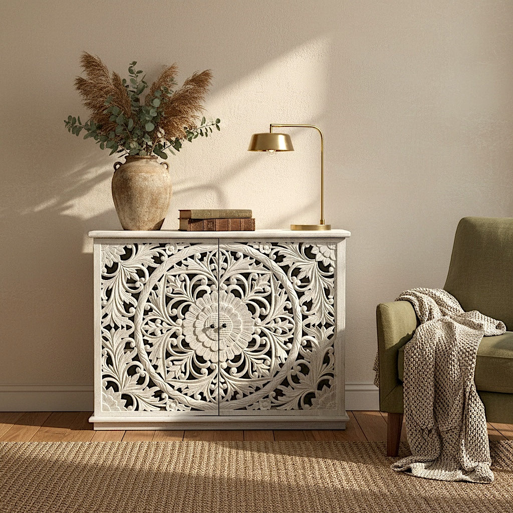 Hand-Carved Wooden Sideboard “Calyta” – White Wash Finish – 125 cm