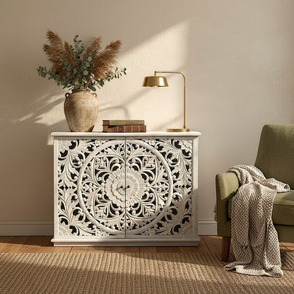 Hand-Carved Wooden Sideboard “Calyta” – White Wash Finish – 125 cm