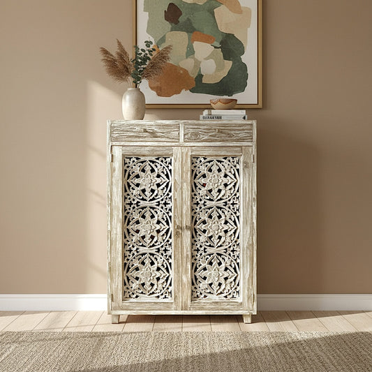 Wooden Hand Carved Cabinet 'Aura' - Natural Wash - 140 cm